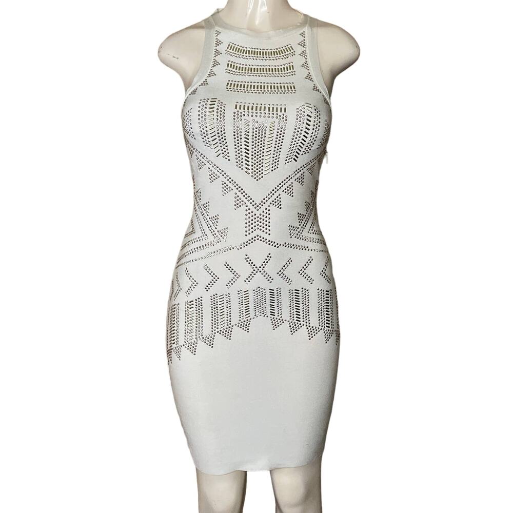 Bebe Alyssum Beaded Bodycon Mini Dress Sleeveless Cutout Silver White Size Small
